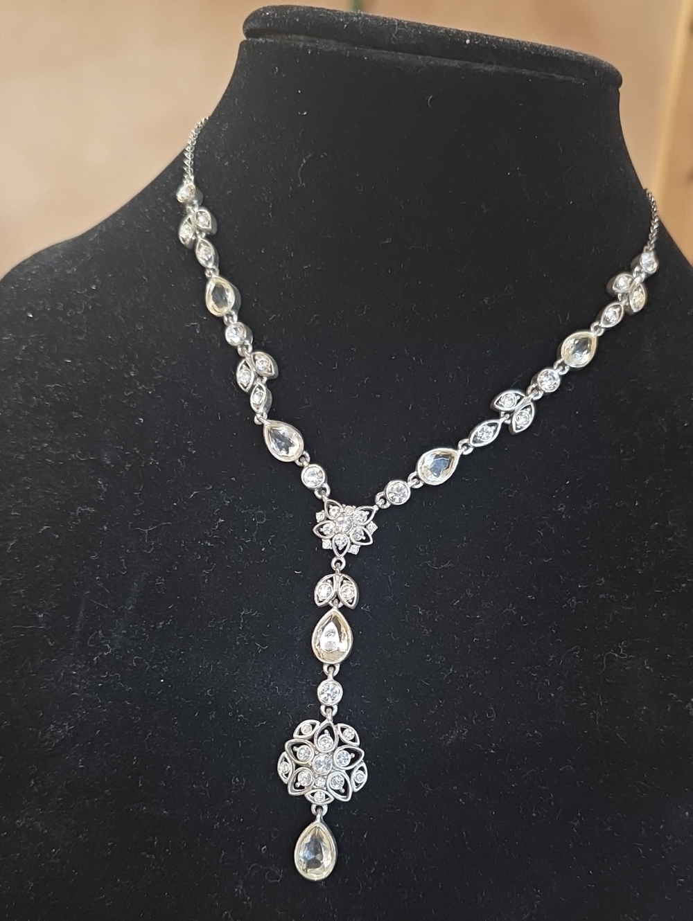 Silver-tone Crystal Drop Y Necklace - White